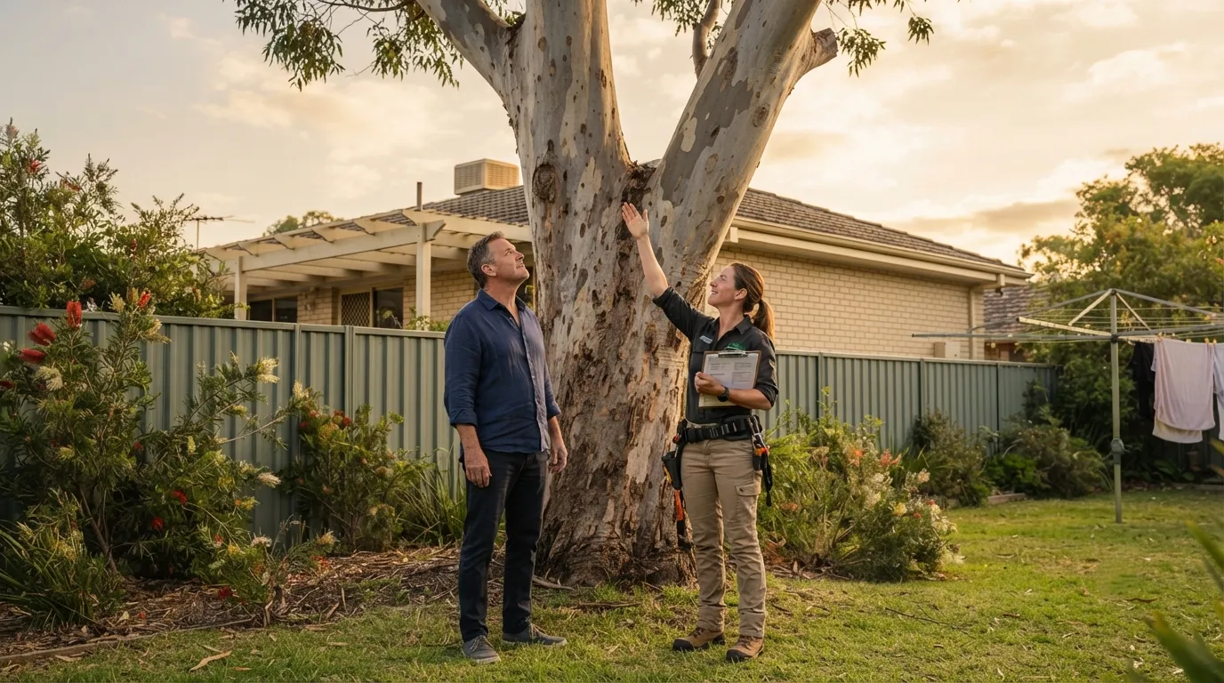 A consulting arborist measuring the trunk of a large gum tree in an Australian backyard and taking notes for a report