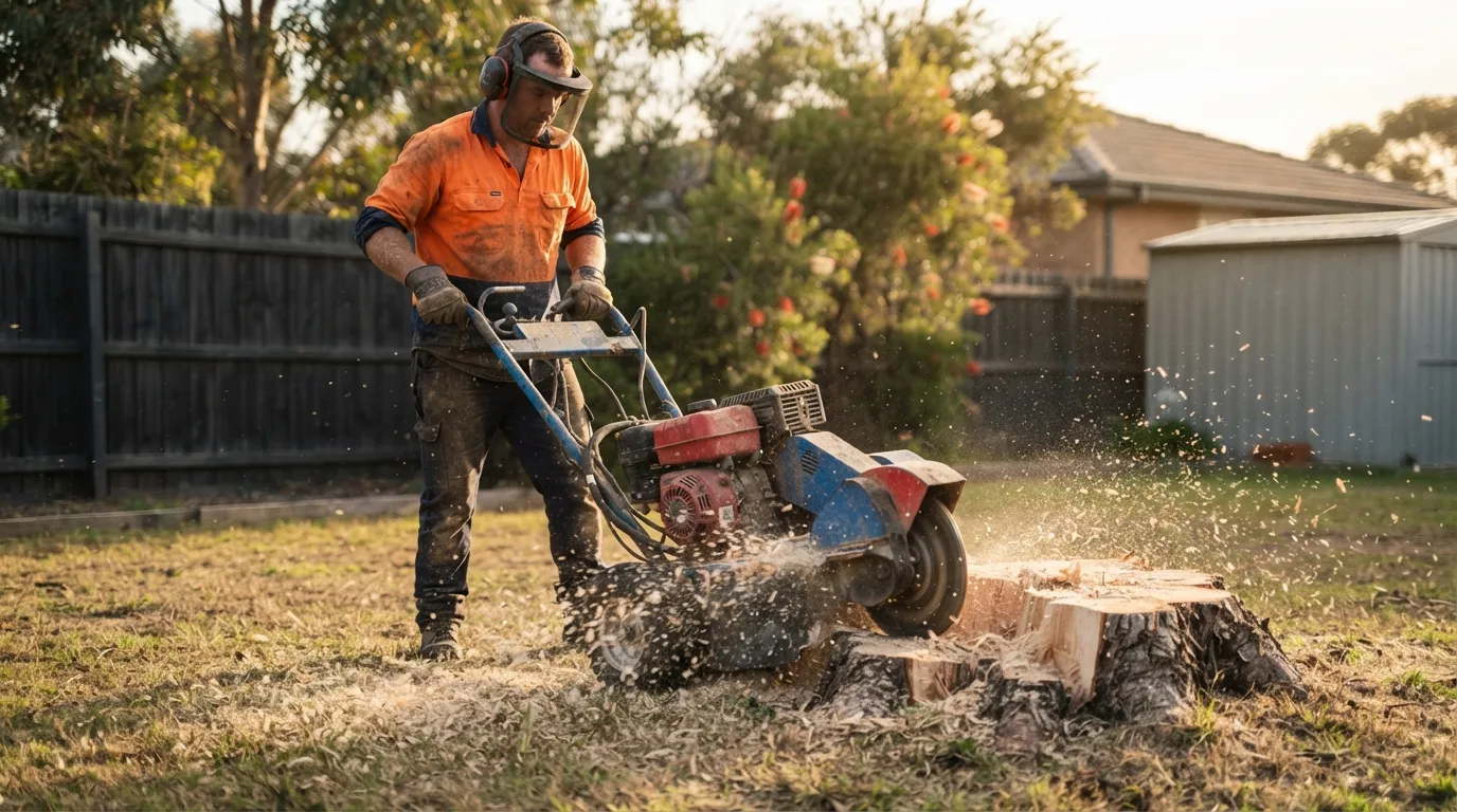 A tree worker in an orange high-vis shirt, ear muffs and a mesh face shield running a petrol stump grinder against a wide pale stump on a dry suburban back lawn, woodchips spraying, with a dark paling fence and a colorbond shed behind