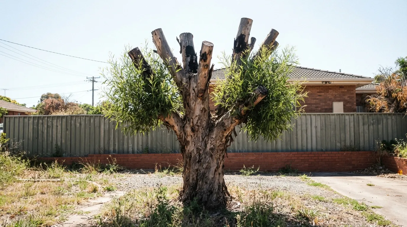 A heavily lopped tree in the front yard of an Australian brick home, its limbs cut back to blunt bare stubs with clumps of new leafy regrowth bursting out below the cuts, standing in front of a green colorbond fence with overhead powerlines behind