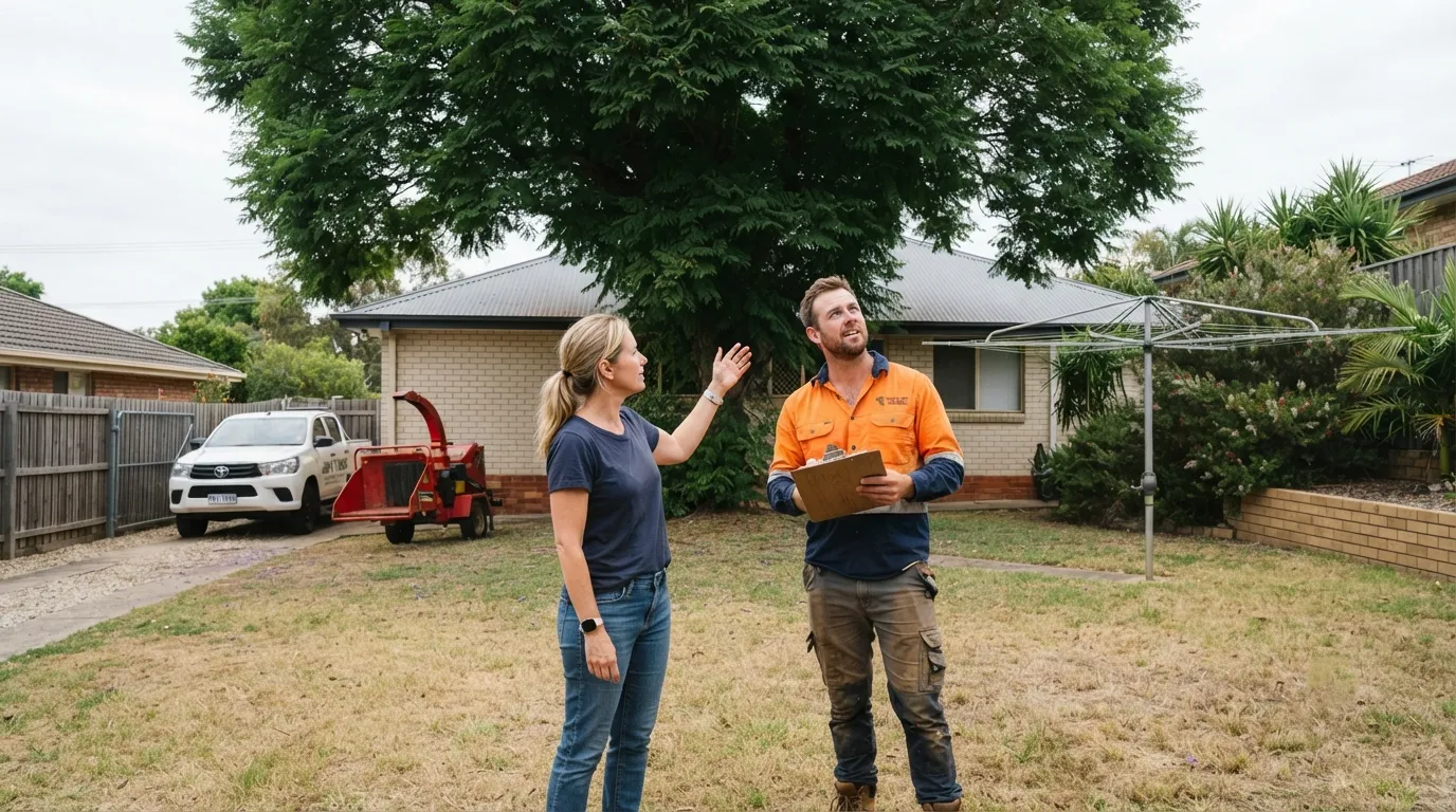 A homeowner and a high-vis arborist standing on a dry back lawn looking up at a large shade tree, with a ute and wood chipper parked at the side gate of an Australian brick home