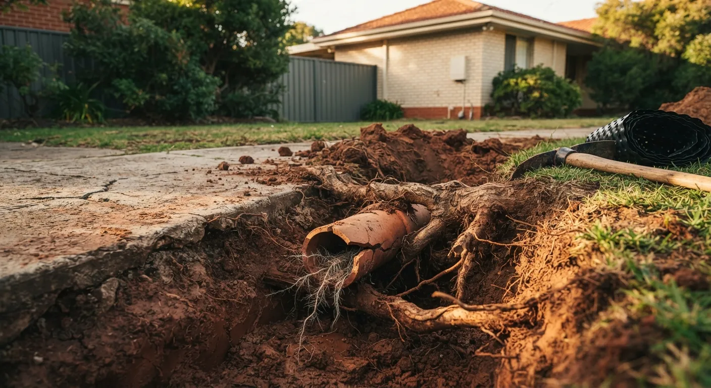 A broken clay sewer pipe with fine tree roots growing through the break, exposed in a trench dug beside a cracked concrete path at an Australian suburban home, with a roll of black root barrier on the grass