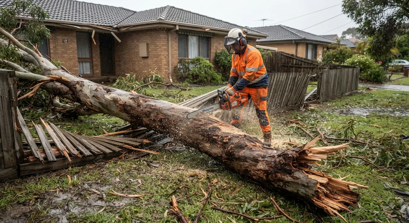 An arborist in orange hi-vis, a white helmet with mesh visor and ear defenders, cutting through the trunk of a large fallen eucalypt with a chainsaw as wood chips spray out, the tree lying across the front lawn of a brick suburban house where it has flattened a timber paling fence, splintered palings and storm debris strewn over wet grass in grey rain
