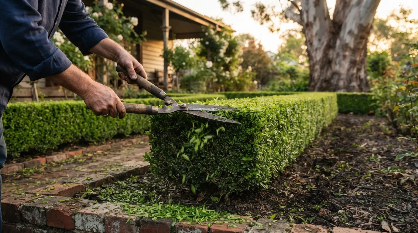 A person in a navy rolled-sleeve shirt gripping long wooden-handled hedge shears in both hands, clipping the flat top of a low formal box hedge, bright green clippings scattered over the hedge and across a weathered red brick path, a mulched garden bed to one side and a cream weatherboard house with a verandah, white climbing roses and a large smooth-barked gum trunk behind in warm low evening light