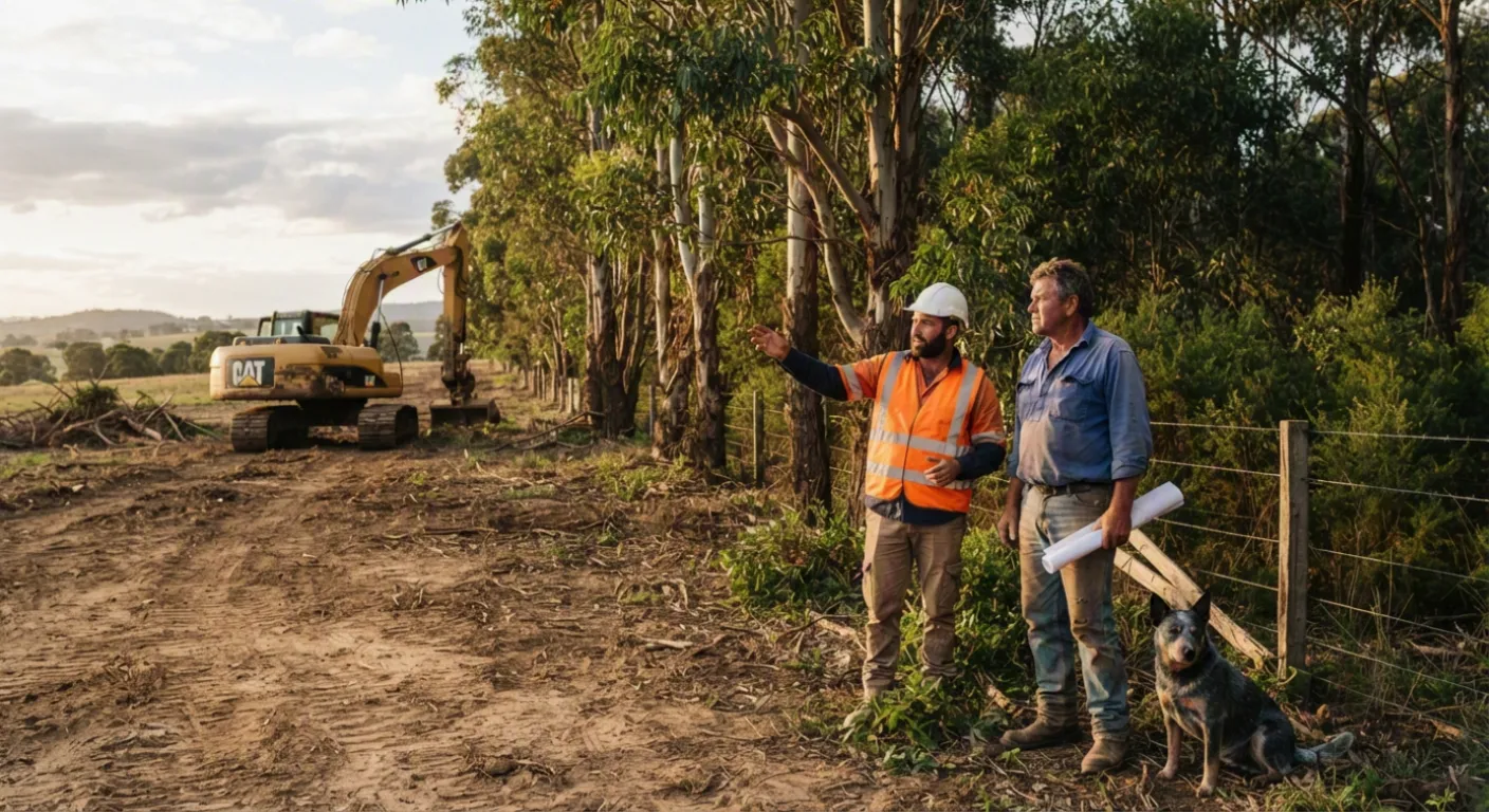 A land clearing contractor in a high-vis vest and hard hat pointing along a line of standing eucalypts while the landowner listens holding a rolled site plan, a cattle dog at his feet, with a tracked excavator parked on the cleared ground behind them