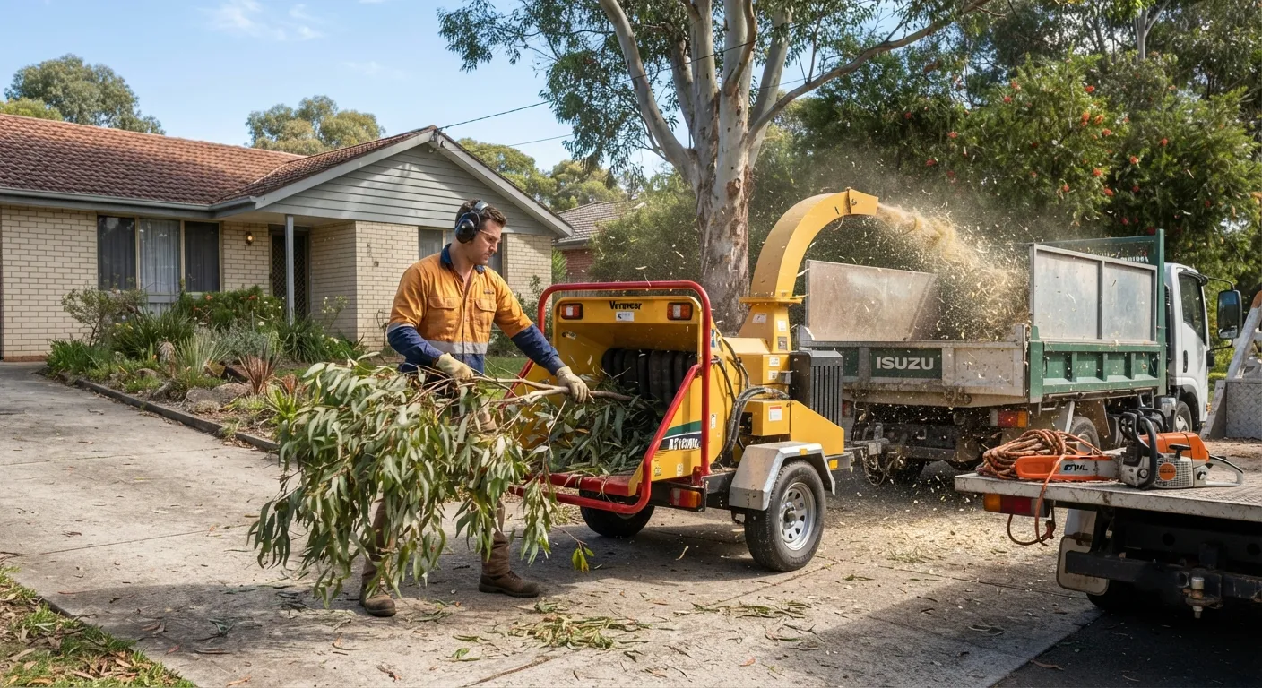 An arborist in orange hi-vis and ear defenders lifting a leafy eucalypt branch toward the chute of a yellow towable wood chipper on a suburban driveway, woodchip spraying from the discharge spout into a tipper truck bin, with a chainsaw and coiled rope on the truck tray alongside
