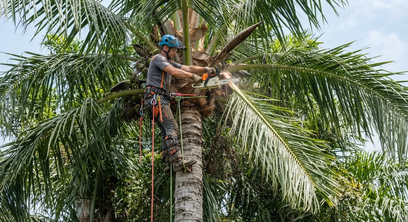 An arborist in a helmet and climbing harness, roped to the trunk of a tall palm, cutting a frond away with a chainsaw beside hanging clusters of palm fruit