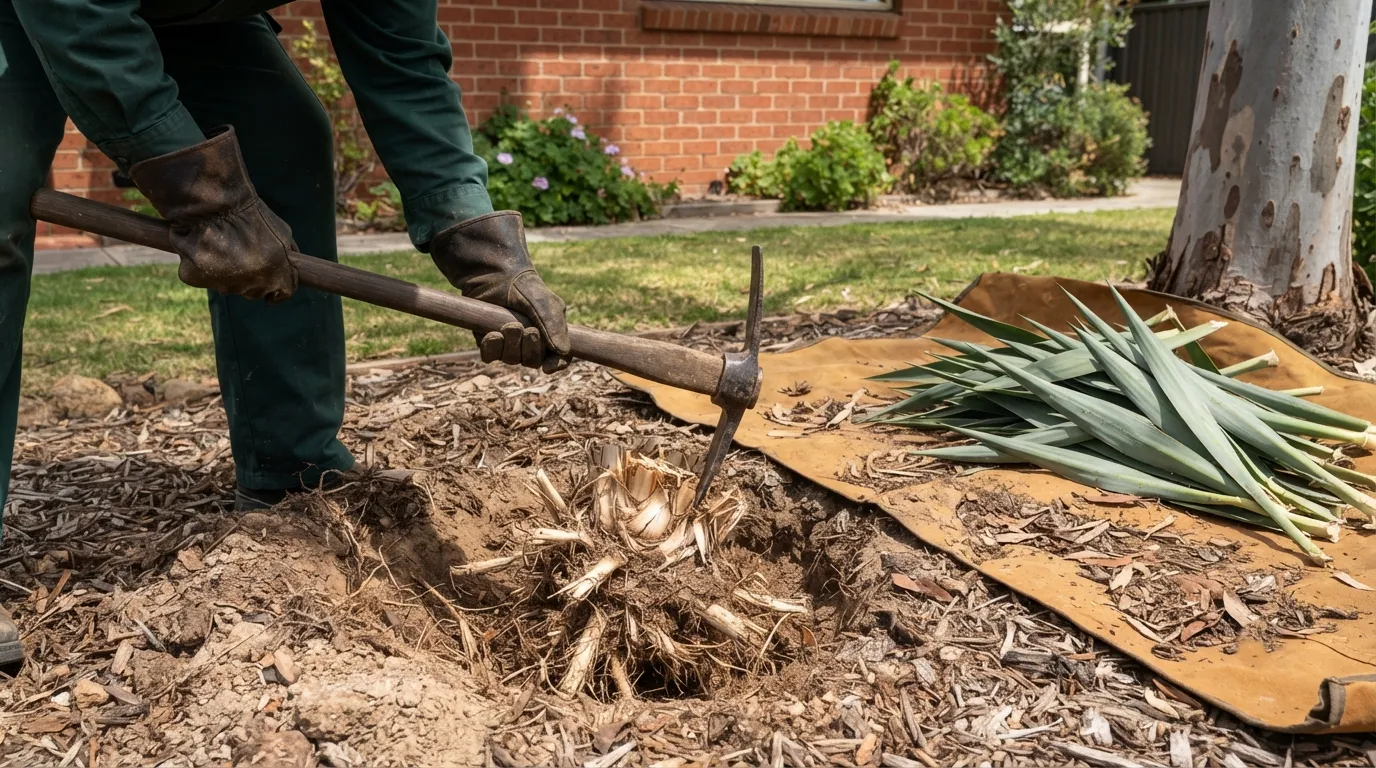 A person in dark green workwear and heavy leather gauntlet gloves working a pick-mattock into the soil beside a pale fibrous root crown dug part-way out of a mulched garden bed, cut grey-green strap-shaped leaves stacked on a tan tarpaulin alongside it, the mottled trunk of a large smooth-barked gum at the right and a red brick house wall and lawn behind