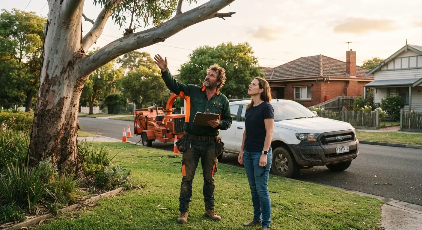 An arborist in a dark green work shirt with orange hi-vis panels and a tool belt standing on a suburban nature strip, holding a clipboard in one hand and reaching up to point at a particular limb of a large smooth-barked gum, while a homeowner in a navy t-shirt and jeans stands beside him looking up at the same branch, an orange wood chipper on a trailer with traffic cones and a white ute parked at the kerb behind them, red brick and weatherboard houses along the street in warm golden evening light